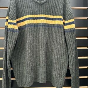 BKE Buckle V-Neck Sweater in Green with Yellow and Blue Stripes